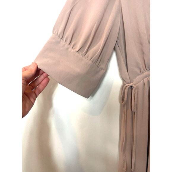 H&M Chiffon Drawstring Waist Dress Powder Beige M Knee-Length Short Wide Sleeves - Picture 4 of 14